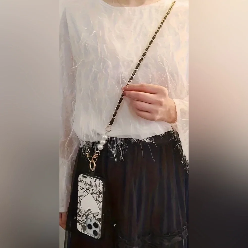 🤍🖤NWT ELEGANT FAUX PEARL & LEATHER CHAIN CROSSBODY PHONE LANYARD🖤🤍